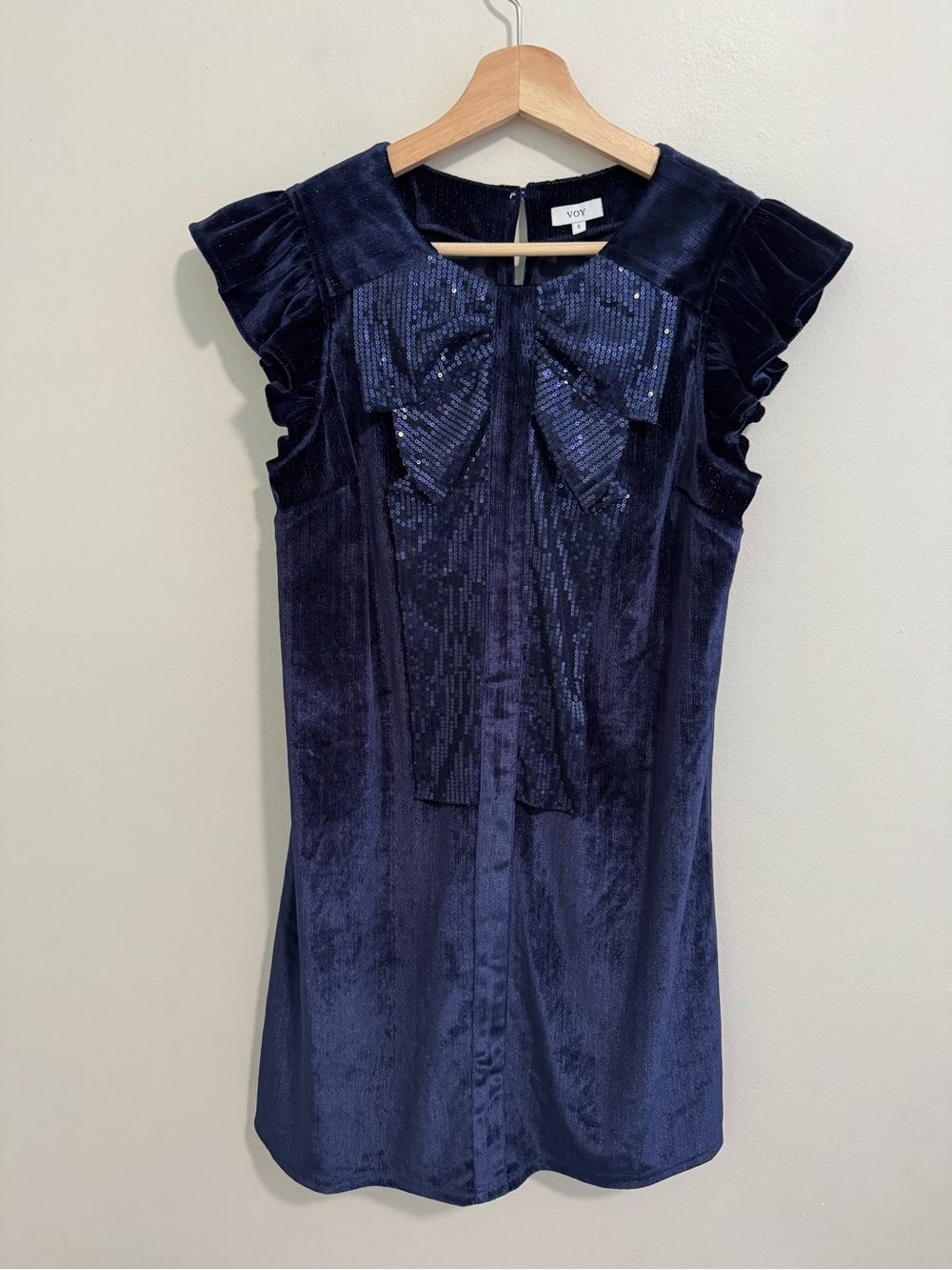 Voy Blue Velvet Bow Mini Dress